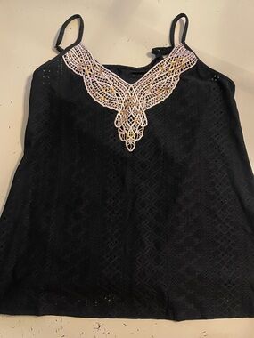 Women’s Black Lace-Pattern Camisole with Ivory Crochet Accent size small